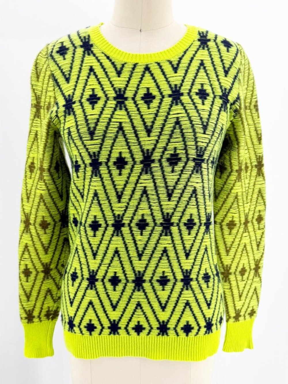 J CREW Neon Green Diamond Geo Wove Cashmere Knit Sweater M